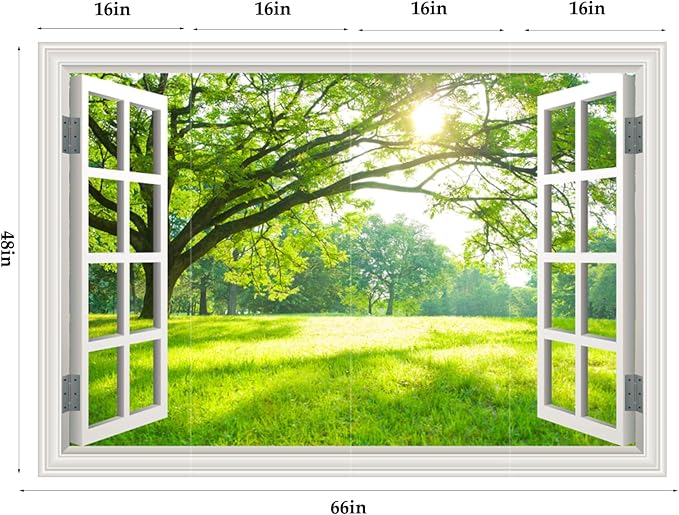 Natural Scenery Spring Green Forest Tree Scene Wall Art Poster Fake Window Wall Mural Faux Window Wall Sticker for Office Home Room Decor, Peel and Stick Wall Decals 48" x 66" Set of 4 Sheets - Image 2