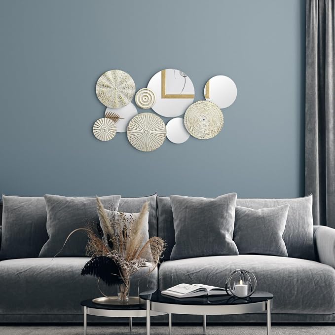 Blulu 9 Pcs White Gold Mirror Wall Decor Metal Round Home Art Decor Decorative Modern Circle Mirror Wall Art Sculpture Hanging Decorations for Home Living Room Office - Image 6