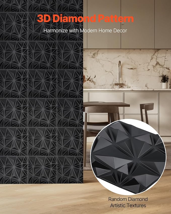 VEVOR 3D Wall Panels, 33-Pack 11.81 x 11.81 in PVC Modern Art Minimalist Diamond Tiles, 32 Sq.Ft Coverage Accent Wall Panel, Interior Home Decor for Ceiling, Bedroom, Living & Gaming Room, Matte Black - Image 2