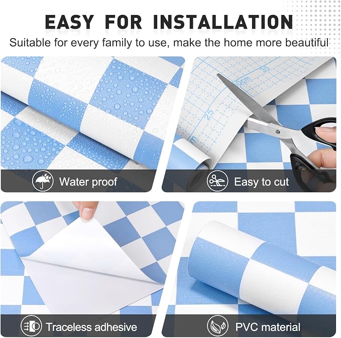 Blue and White Contact Paper Mosaic Checkered Peel and Stick Wallpaper 17.3"x200" Self Adhesive Waterproof Vinyl Roll for Bathroom Kitchen Backsplash Cabinets Shelf Liners Drawers - Image 2
