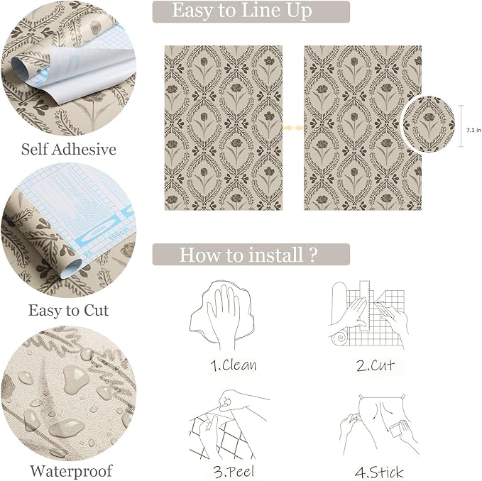 Orainege Vintage Wallpaper Peel and Stick Brown Floral Wallpaper | 16.9in x118.1in Leaf Contact Paper Vinyl Removable Self Adhesive Boho Botanical Wall Paper for Bedroom Shelf Cabinet Decor - Image 5