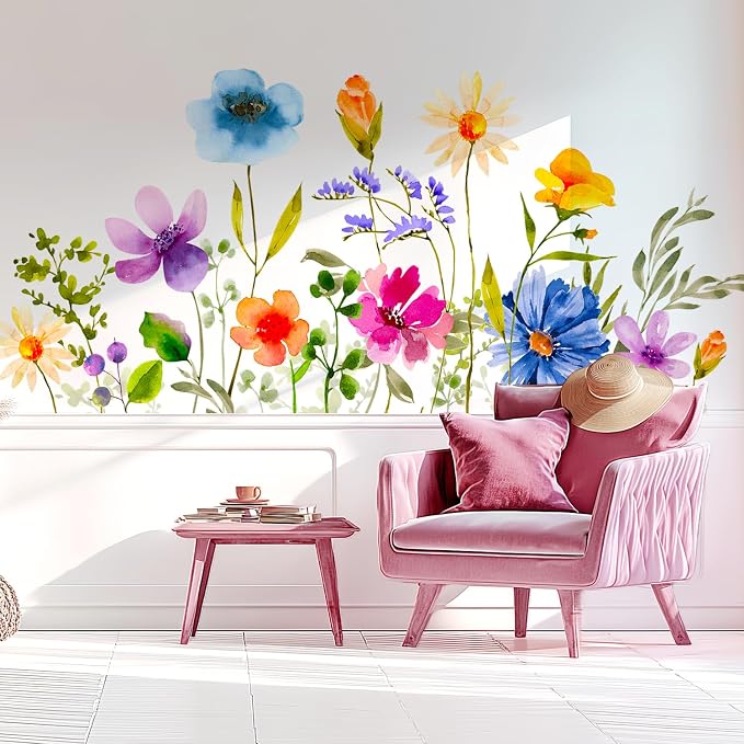 Watercolor Floral Flower Peel and Stick Wall Decals Decor Stickers Art | Colorful botanical wildflower removable vinyl wall art mural DIY kome decoration for bedroom living room nursery girls room - Image 5