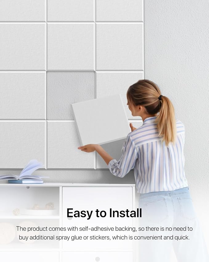 Soundsbay Self-Adhesive Soundproof Wall Panels 18 Pack 12"x12" White | Square Acoustic Panels, 150kg/m³ High Density Covers 18 sq ft, Sound Proof Panels for Walls, Home Office, Bedroom - Image 6