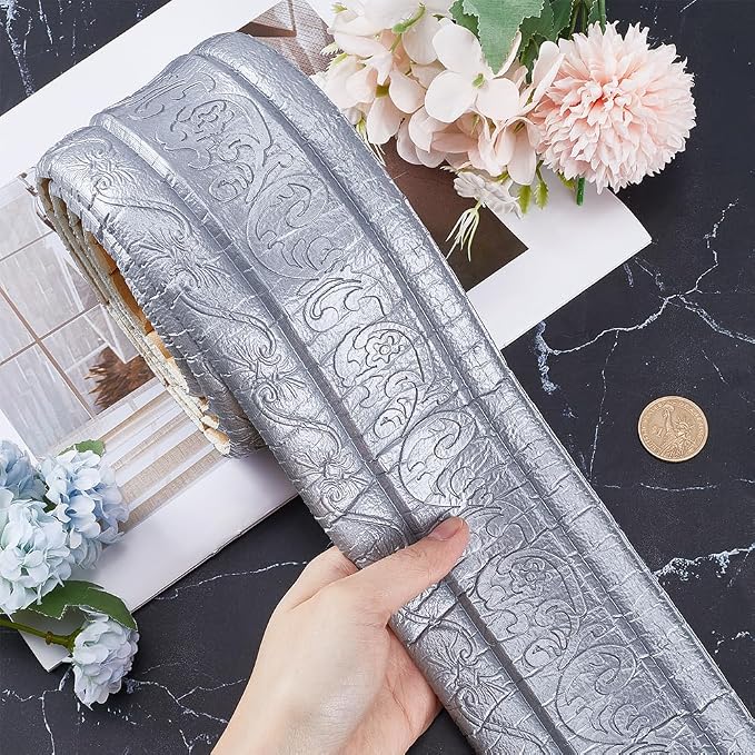 CRASPIRE 88 x 3 Inch Silver 3D Sticky Decorative Wallpaper Border Foam Baseboard Self Adhesive Flexible Foam Trim Molding Peel and Stick Wall Edging Mirror Border Wall Lines Hotel DIY Decor - Image 3