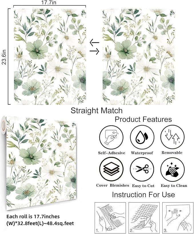 Sage Green Floral Peel and Stick Wallpaper 17.7" x 393.7" | Thick removable watercolor natural flower design for renters and bedroom accent walls - Image 4