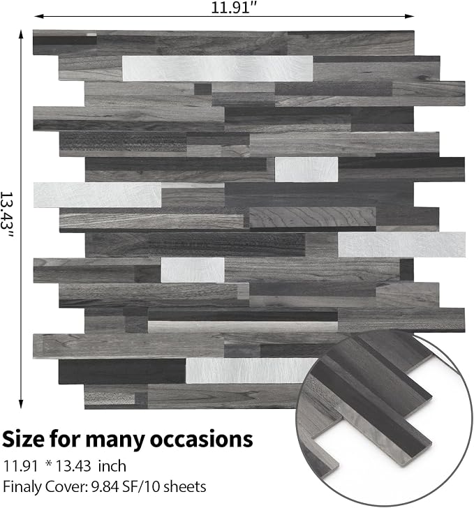 Yipscazo 5 Sheets Peel and Stick Stone Metal Tile Backsplash, Stick on Tiles for Backsplash Kitchen, Bathroom, Laundry Room, Camper, Fireplace (12'' X 12'', Black Wood Grain) - Image 5