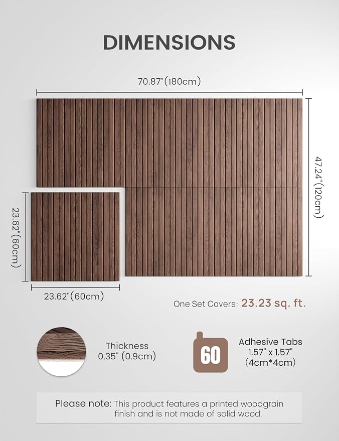 Fluxynara 6-Pack Large Felt Bulletin Board, Walnut Slat | 70.87" x 47.24" Cork Board Alternative, Acoustic Wall Panels with 60 Adhesive Tabs for Recording Studios and Home Offices - Image 2