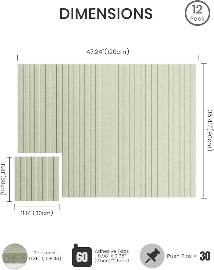 Bumusty 48"x 36" Large Felt Bulletin Board Tiles, Sage | 12-Pack Cork Board Alternative, Wall Decor, 30 Pushpins, 60 Adhesive Tabs, Vision Board, Office, Classroom, Home, Dorm - Image 2