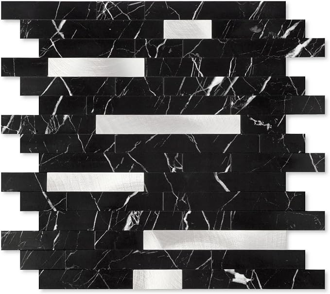 Yipscazo 10 Sheets Peel and Stick Stone Metal Tile Backsplash, Stick on Tiles for Backsplash Kitchen, Bathroom, Laundry Room, Camper, Fireplace (12'' X 12'', Pure Black) by Yipscazo