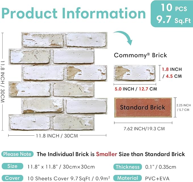 Commomy 3D Brick Wall Panels Peel and Stick 10 pcs 11.8" x 11.8" | Small Size Thin PVC Faux Brick Backsplash for Kitchen,Bedroom,Quick Interior Home Wall Decor(Covers 9.7 sq.ft) - Image 5