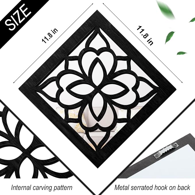 2 PCS Square Wall Mirror,Rustic Farmhouse Wall Mirrors,12 inch Small Mirror Art (style2 Black) - Image 3