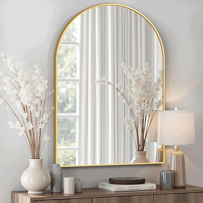 Arched Bathroom Mirror for Wall, 30" x 20" Metal Frame Vanity Mirror, Gold by TRAHOME
