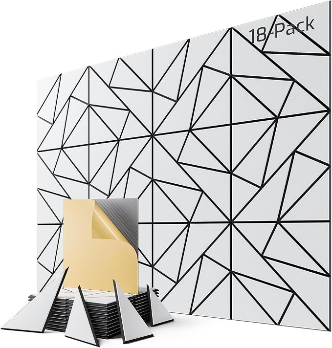 18-Pack Felt Acoustic Panels,12"x12"x0.4" Soundproof Wall Panels, Peel & Stick Sound Proof Foam Panels for Walls, Geometric Noise Reduction Panels for Home Office,Studio (White on Black) by Lebenforce