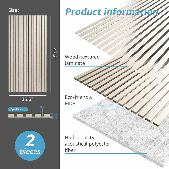 Art3d 2-Pack Fluted Acoustic Wood Slat Wall Panel, 47.2" x 23.6", White Elm | Noise Control, Easy to DIY, Natural Texture, Sustainable Material, Ideal for Homeowners, Designers, for Living Room, Office - Image 5