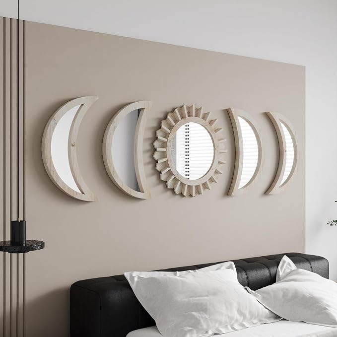 WAKOSAN Moon Phase Wall Mirror Set, 5PCS Wooden and Real Glass Mirrors by WAKOSAN
