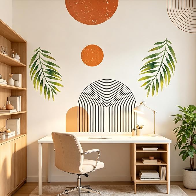 Boho Mid-Century Geometric Arch Palm Leaf Removable Wall Decor Sticker Art | Peel and Stick Archs Sun Vinyl Wall Stickers, Removable Leaves Plants Home Decor for Bedroom Living Room Classroom Office - Image 5