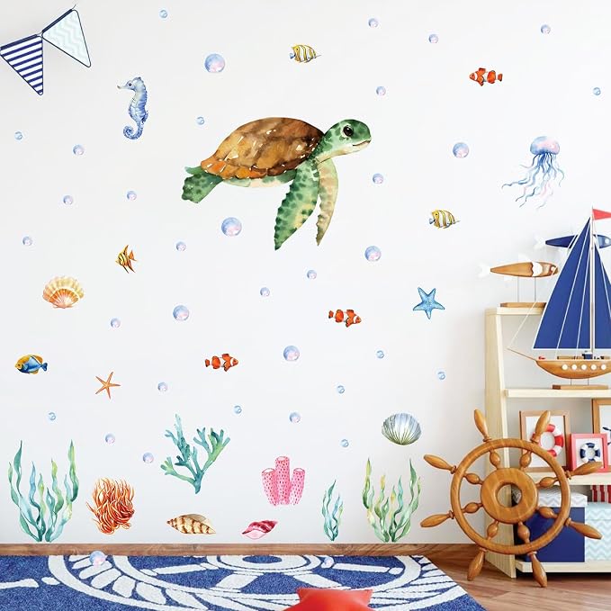 Large Summer Ocean Window Clings Decals, Watercolor Sea Turtle Jellyfish Bubbles Wall Stickers, Peel and Stick Ocean Anmial Wall Decor for Bedroom Bathroom Window School Nursery Decoration by Kasubeso