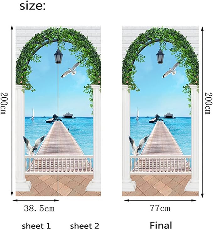 artfanke 3D Door Sticker Peel and Stick 30.3"x78.7"- Self-Adhesive Door Murals Wallpaper - Arched Seagulls Bridge Seascape Wall Decal for Bedroom Decor (2 Sheets/Set) - Image 6