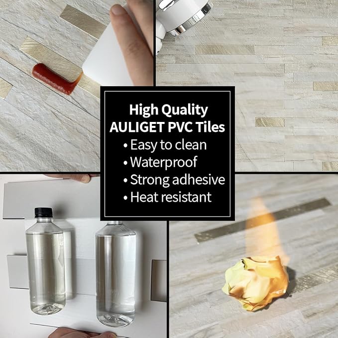 AULIGET 2 Sheets Faux Stone Peel and Stick Backsplash, Beige Marble Look PVC Wall Tile Stick on Backsplash for Kitchen and Bathroom - Image 5