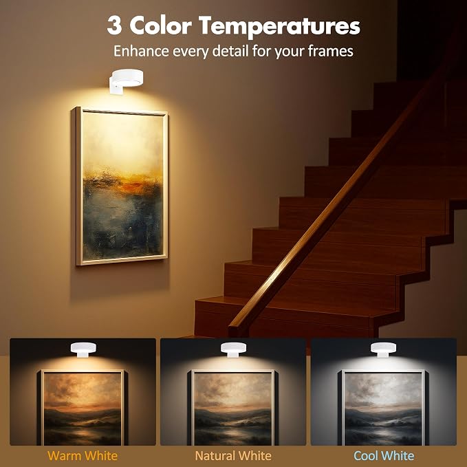 Picture Lights for Wall, Wireless Poster Lights Battery Operated, White | LED Magnetic Painting Light with Remote Dimmable, Timer＆3 Lighting Modes, Art Display Puck Light for Frame Portrait, 3 Pack - Image 3