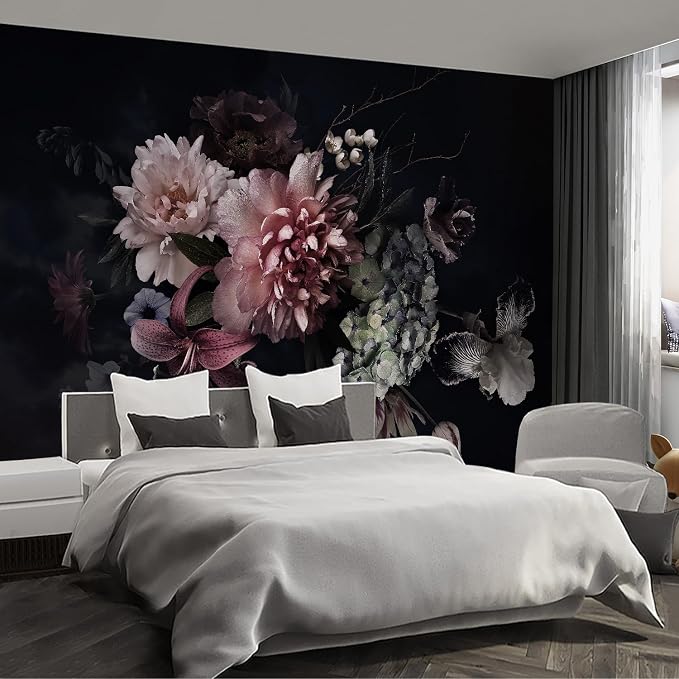 Black Peony Floral Large wall murals Peel and Stick self Adhesive Flowers Wallpaper for Bedroom Living Room - 96"x137" by Fightal