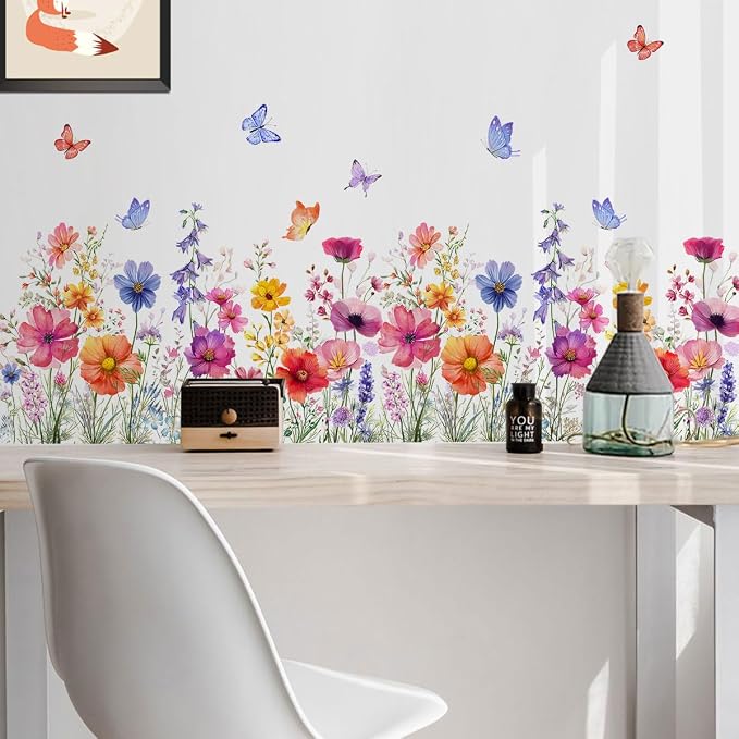 2 Pieces Flowers Wall Decals Vinyl Flowers Wall Stickers Removable Floral Murals Peel and Stick Colorful Flower Decor for Girls Bedroom Living Room Nursery (Bright) - Image 5