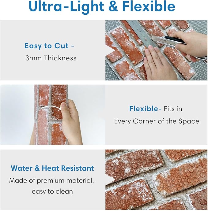 COMSTICKC 3D Faux Brick Wall Panels Peel and Stick | 10 Pcs of 12"X12", Small Size Thin PVC Fake Brick Wall Covering, Not Real Brick, Orange Red, for Quick DIY Wall Upgrades - Image 4