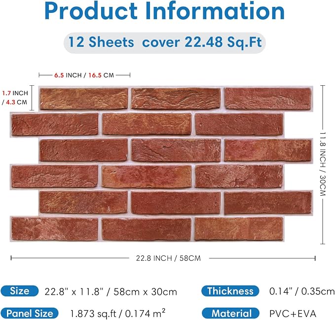 COMSTICKC 3D Faux Brick Wall Panels Peel and Stick Decorative Tiles Sticker | Red, 12 Pcs 22.8" x 11.8", Not Real Brick, Ultra-Light Thin PVC Fake Brick Backsplsh for DIY Wall Makeover, Cover 22.48 sq ft - Image 5