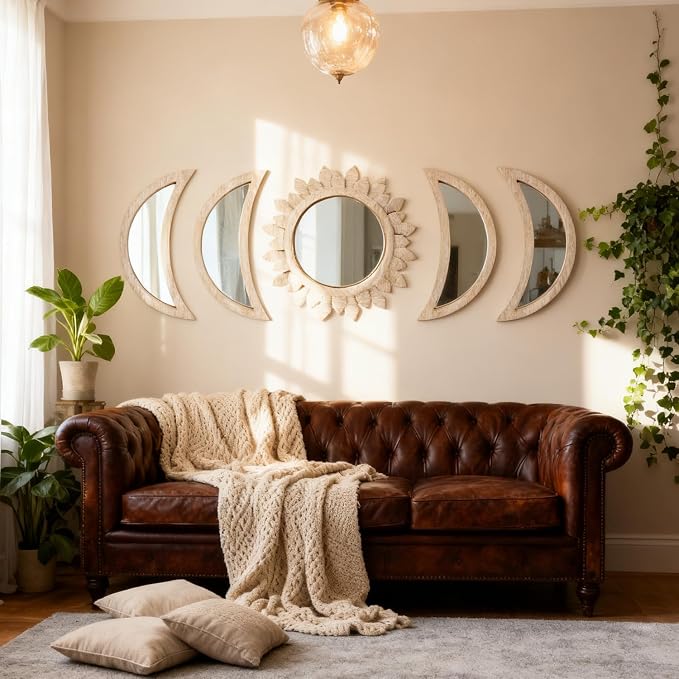 5 Pieces Moon Phase Mirror Wall-Mounted Wall Decor Mirrors Natural Wooden Sunburst Bohemian Wall Art for Home Living Room Bedroom Decoration - Image 9