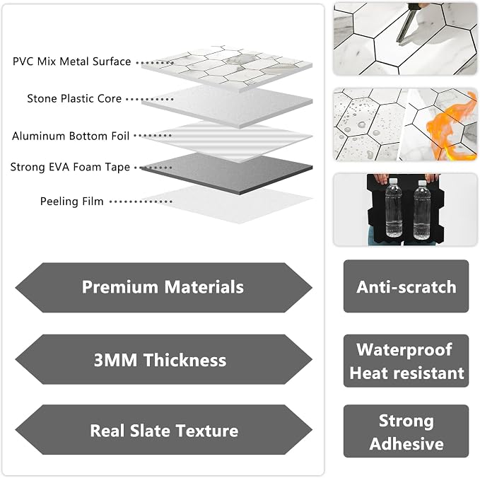 Vamos Tile Long Hexagon Peel and Stick Backsplash Tile - 10 Sheets Stick on Backsplash for Kitchen and Bathroom 12.4 x 12 Inch Glossy Carrara White PVC Self Adhesive Mosaic Wall Tiles - Image 3