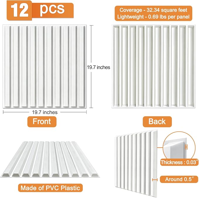 TroyStudio Slat Acoustic Sound Diffuser Panels, 19.7 X 19.7 X 0.5 inches 12 Pcs White PVC Plastic 3D Wall Panel, Recording Studio Acoustical Treatment Diffusion panel, Art Decorative Ceiling Tiles - Image 2