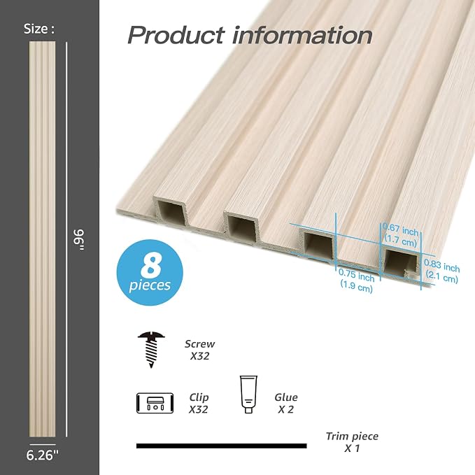 Art3d 96" x 6" WPC Slat Wall Paneling for Interior Decor, 8-Pack, White Ash | Fluted Design, Durable, Moisture Resistant, Cleanable, Easy to Install, Eco-Friendly, for Living Room, Bedroom or Office - Image 4
