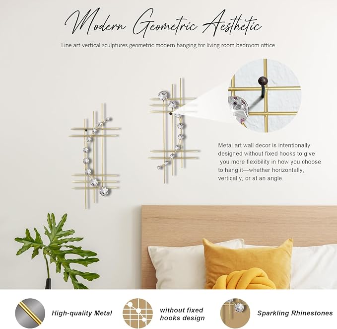 ZEXUIRU 2 Pcs Abstract Metal Art for Wall Decor Living Room Bedroom Bathroom Office Metal Bling Modern Geometric Hanging Vertical Small Iron Sculpture Plaque Pack -Gold 15.7in - Image 4