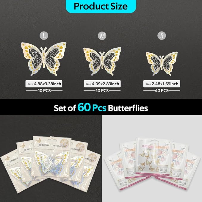 Butterfly Wall Stickers - 60pcs 3D Butterflies Removable Mural Wall Decals for Indoor Home Room Bedroom Decorations (Sliver) - Image 4