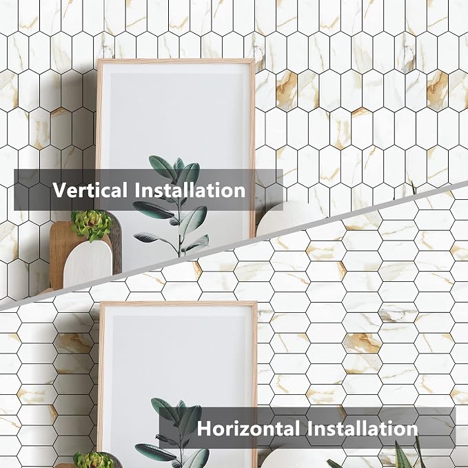 Vamos Tile Long Hexagon Peel and Stick Backsplash Tile - 10 Sheets Stick on Backsplash for Kitchen and Bathroom 12.4 x 12 Inch Calacatta Gold PVC Self Adhesive Mosaic Wall Tiles - Image 4
