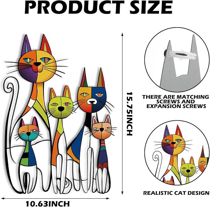 Wesiti Cat Wall Art Metal Sculpture, Colorful Mid Century 10.6x15.7 Inch | Iron Metal Wall Decor for Cat Lovers, Retro Geometric Art Design, Ideal for Living Room Bedroom Office - Image 2