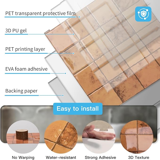 Art3d Grid Design Peel and Stick Backsplash, 10-Pack, Terracotta | 12 x 12 Inch, Enhanced Thickness, Superior Adhesion, Moisture Resistant, Long-Lasting, Minimalist Look, for Kitchen Decor - Image 5