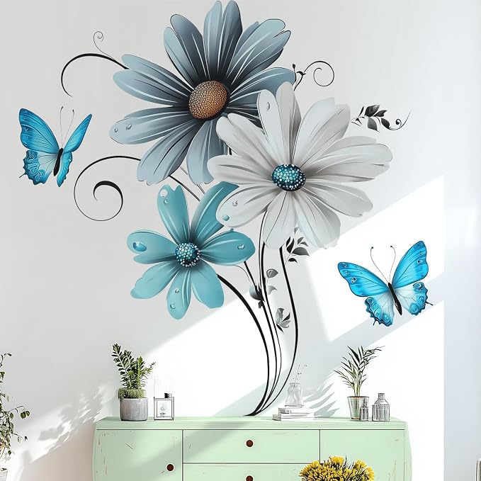 Rustic Floral Flower Blue White Daisy Butterfly Wall Decals Decor Stickers | Modern farmhouse peel and stick wall mural decoration, removable vinyl decor art for bedroom living room classroom office - Image 4