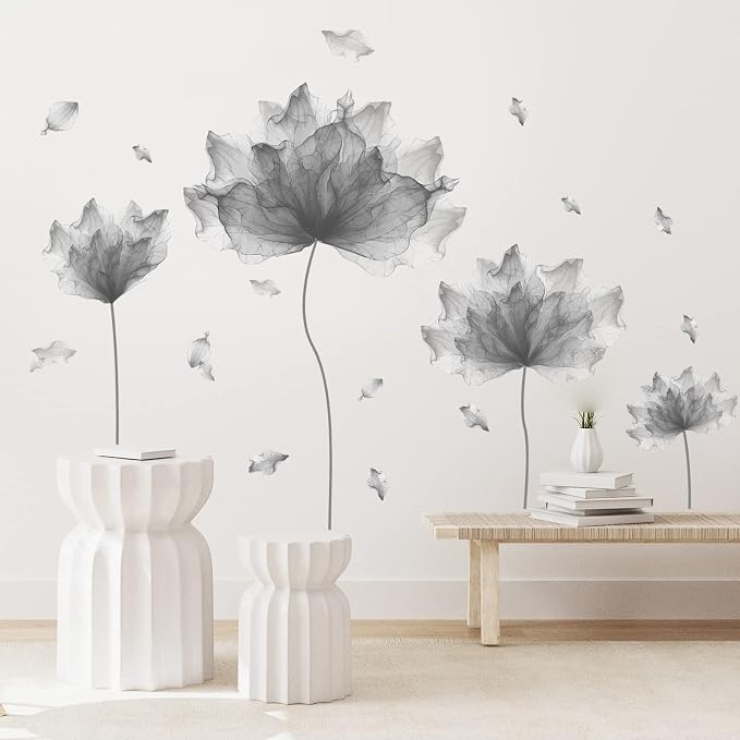 39.3'' x 32.6'' Flower Petal Wall Decal Floral Wall Sticker (Gray) | Removable waterproof peel and stick wall art for nursery, baby room, classroom, living room, bedroom, office and bathroom by RoyoLam
