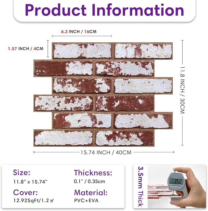 3D Peel and Stick Faux Brick Wall Panels 15.7" x 11.8" 10-Pack | Whitewash Red, Brick-Look Textured Sticker, Thin Lightweight PVC Self Adhesive Wall Tile for Interior Decor, Cover 12.9 sq ft - Image 5
