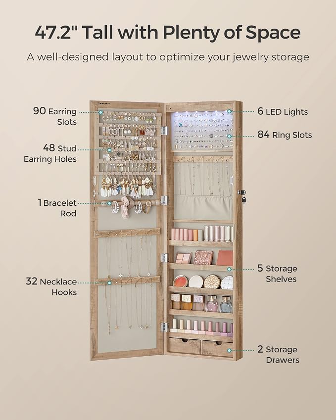 SONGMICS 6 LEDs Mirror Jewelry Cabinet, 47.2-Inch Tall, Lockable - Image 5