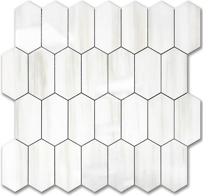 Vamos Tile Long Hexagon Peel and Stick Backsplash Tile - 10 Sheets Stick on Backsplash for Kitchen and Bathroom 12.4 x 12 Inch Glossy Dolomite White PVC Self Adhesive Mosaic Wall Tiles by VamosTile