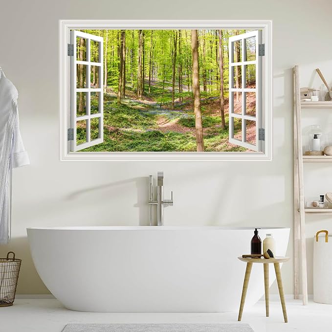 Fake Window Wall Decal- Spring Green Forest Tree Open Wall Art Sticker | Faux Window Grassy Hills & Wildflowers Natural Landscape Mural｜Stick and Peel Wall Decals｜for Room Office Scene Decor｜24"x16" - Image 9
