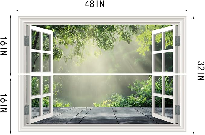 Fake Window Poster Wall Decal - Morning Green Forest Faux Window Wall Mural Prints for Wall Decor, Peel and Stick Wall Sticker 48" x 32" Set of 2 Sheets - Image 6