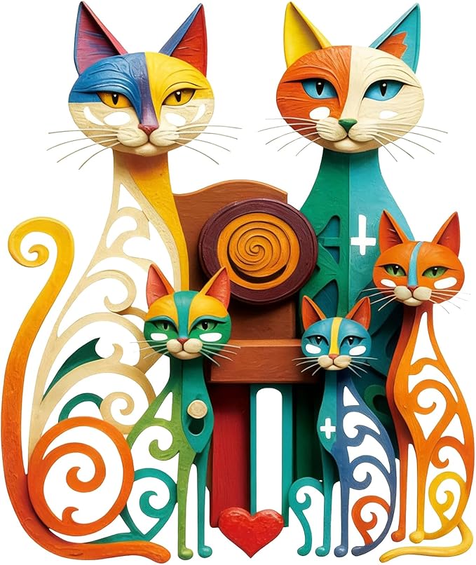 Wesiti Cat Wall Art Colorful Metal Sculpture, Mid Century 5 Cats Iron Decor | Atomic Retro Design for Feline Enthusiasts, Geometric Style Adds Flair in Living Room Bedroom, 12.6 X 15.7 Inches by Unteilti