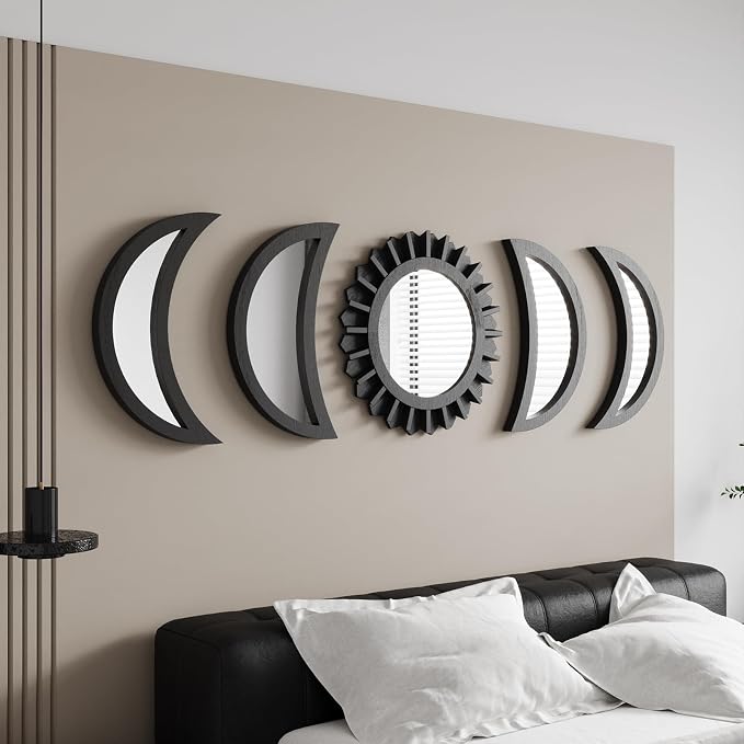 WAKOSAN Moon Phase Wall Mirror Set, 5PCS Wooden and Real Glass Mirrors by WAKOSAN