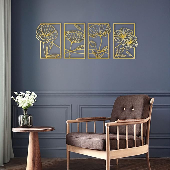 ESTART 4Pcs Metal Lotus Wall Decor Abstract Floral Line Art Sculpture | Minimalist Wall Decor for Bedroom Flowers Hanging Wall Sculpture for Living Room Kitchen Office and Yoga Room (Gold) - Image 6