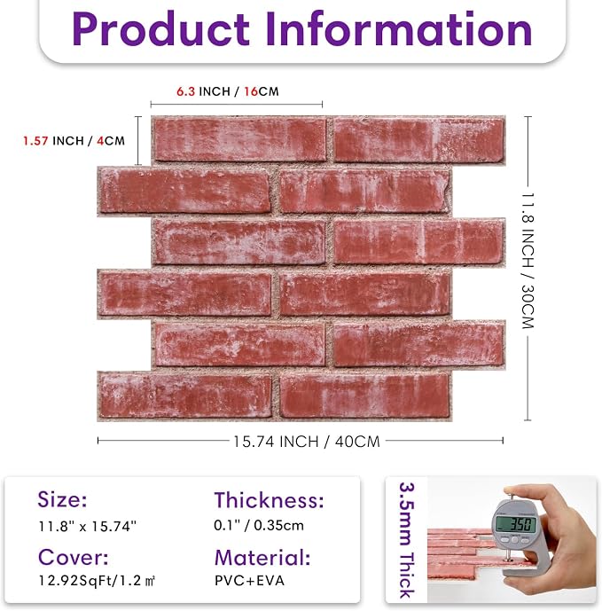 3D Faux Brick Wall Panels Peel and Stick, Designed for Quick DIY | Retro Red, 10 Pcs 15.7" x 11.8", Brick-Look, Ultra-Light PVC Fake Brick Covering Tiles for Wall Renovation, Cover 12.9 sq ft - Image 5