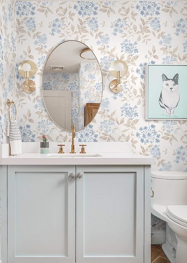 Heroad Boho Floral Wallpaper Blue/Beige Peel and Stick Wallpaper Neutral Leaf Contact Paper Removable Self Adhesive Wall Paper for Cabinet Bedroom Bathroom Waterproof Decor Vinyl Roll 17.3''x78.7'' - Image 4