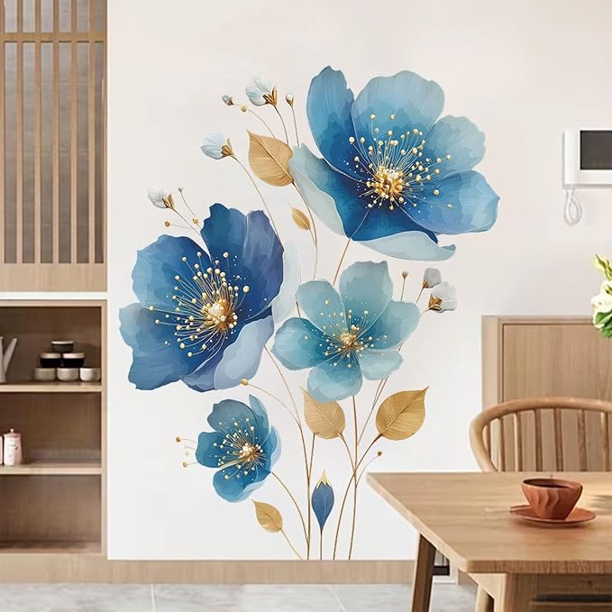 TUOKING Blue Flowers Wall Stickers Decor,Removable Wall Murals | Peel and Stick Gold Leaves PVC Wall Art Decal Home Decor for Kitchen,Bedroom,Living Room - Image 3